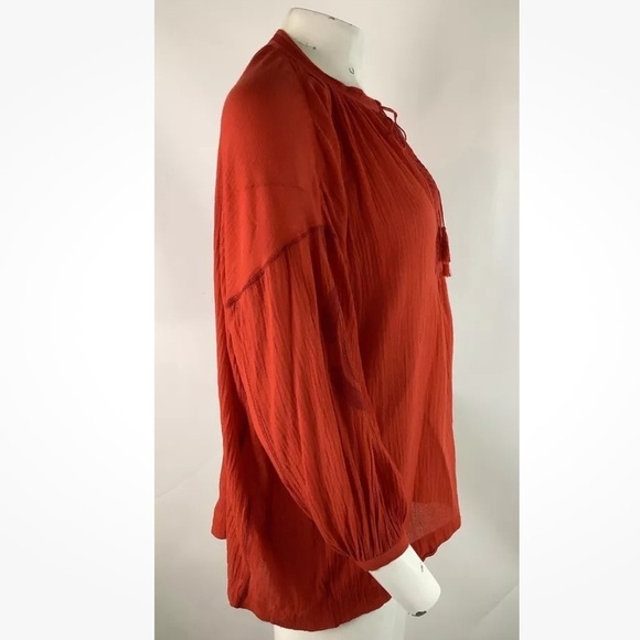 Madewell Sz XS 100% Cotton Gauze Embroidered Tunic Top Red Tie Neck Boho - Picture 3 of 6